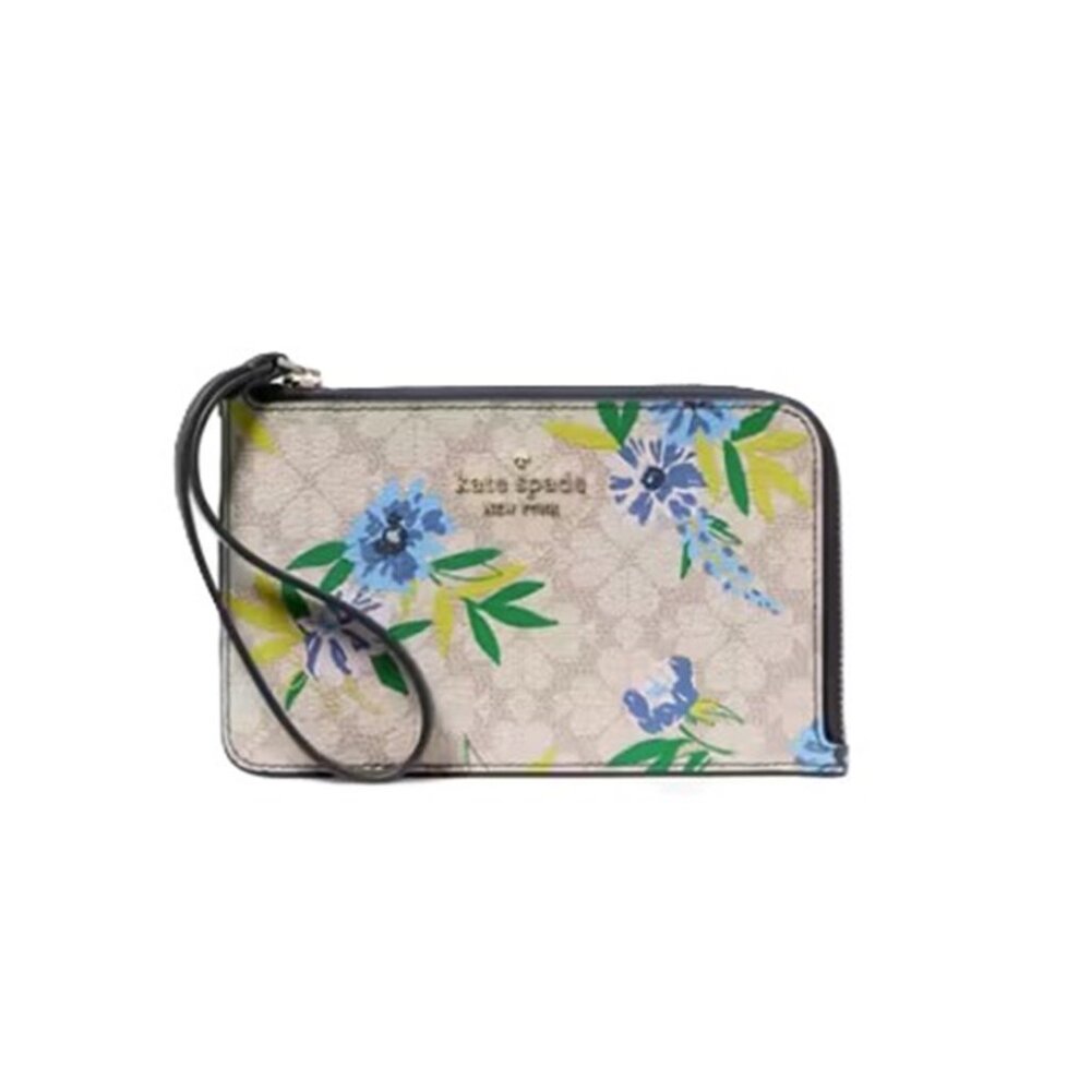 NWT Kate Spade Lucy Spade Flower Floral Small L-zip Wristlet - Blazer Blue Multi